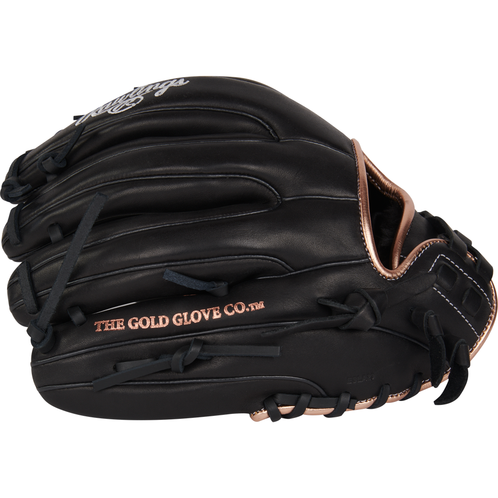The Rawlings R9 11.75" Fastpitch Glove (R9SB715-2B) features a black and gold design and is crafted from durable full-grain leather for style and performance.