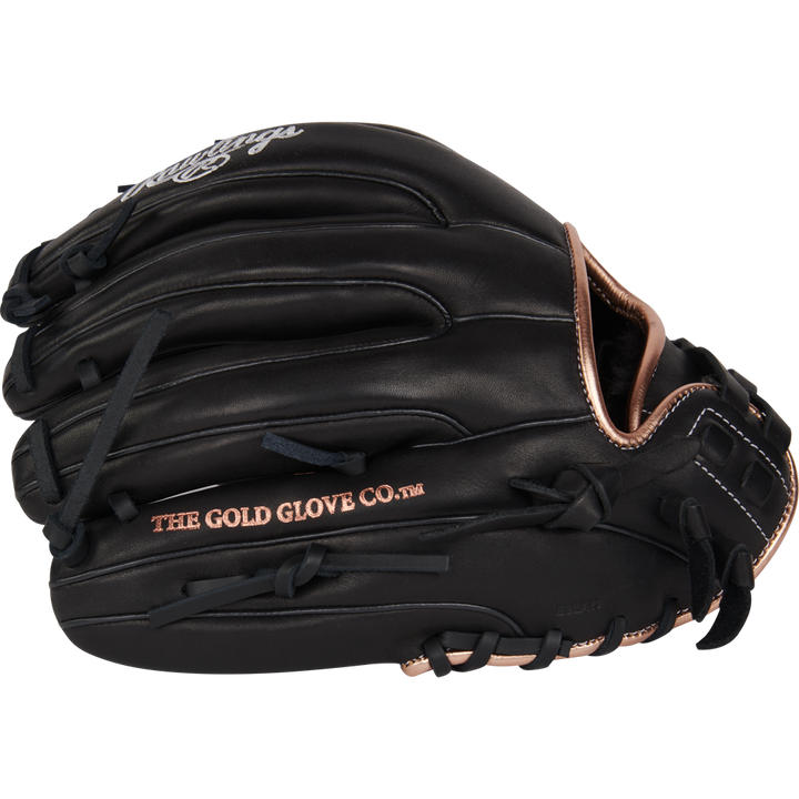 The Rawlings R9 11.75" Fastpitch Glove (R9SB715-2B) features a black and gold design and is crafted from durable full-grain leather for style and performance.