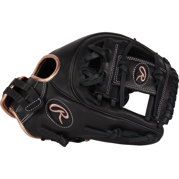 The Rawlings R9 11.75" Fastpitch Glove (R9SB715-2B) features a black full-grain leather design with a pink logo, made for serious infield play.