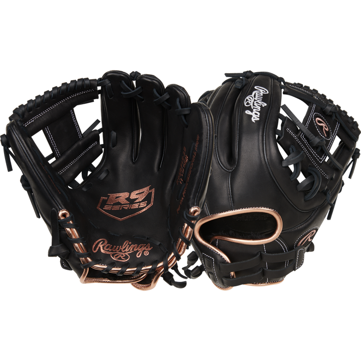 Two Rawlings R9 11.75" Fastpitch Gloves (R9SB715-2B) in black with tan stitching are shown: one displays the palm with branding, the other highlights woven lacing and adjustable wrist strap. Both are made from full-grain leather.