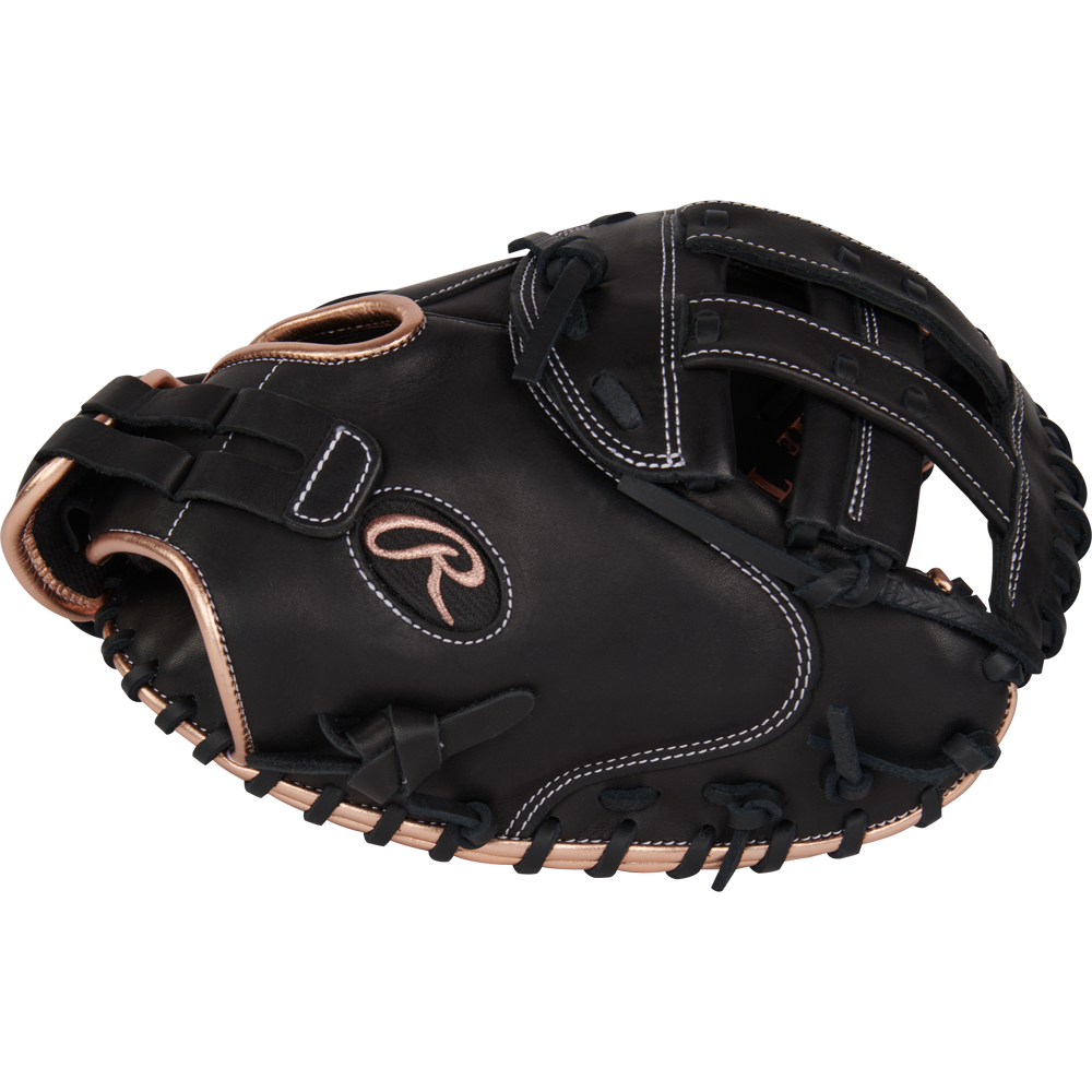 The Rawlings R9 33" Fastpitch Catcher's Mitt (R9SBCM33-24B) features premium full-grain leather in black and gold, combining style and performance for catchers.