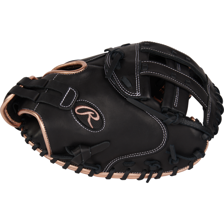 The Rawlings R9 33" Fastpitch Catcher's Mitt (R9SBCM33-24B) features premium full-grain leather in black and gold, combining style and performance for catchers.
