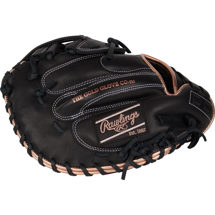 The Rawlings R9 33" Fastpitch Catcher's Mitt (R9SBCM33-24B) features a black and brown full-grain leather design for lasting performance.