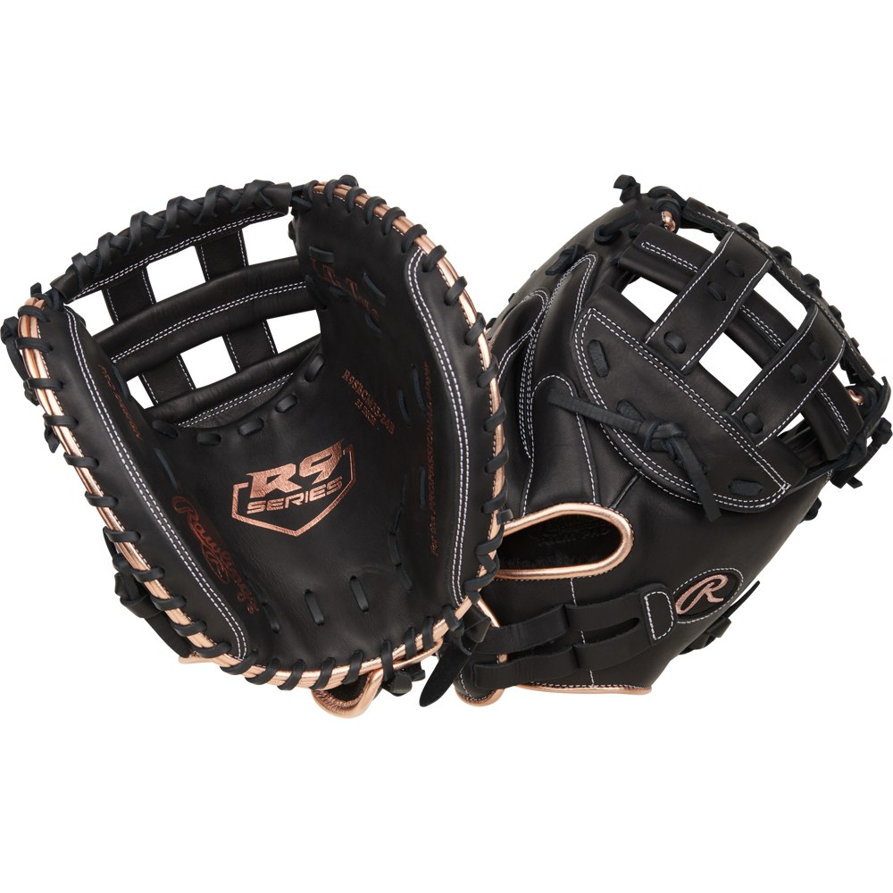 Two black Rawlings R9 33" Fastpitch Catcher's Mitts (R9SBCM33-24B) with tan laces are displayed open and closed, highlighting the Rawlings branding, webbing details, and full-grain leather construction.
