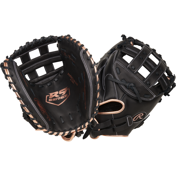 Two black Rawlings R9 33" Fastpitch Catcher's Mitts (R9SBCM33-24B) with tan laces are displayed open and closed, highlighting the Rawlings branding, webbing details, and full-grain leather construction.