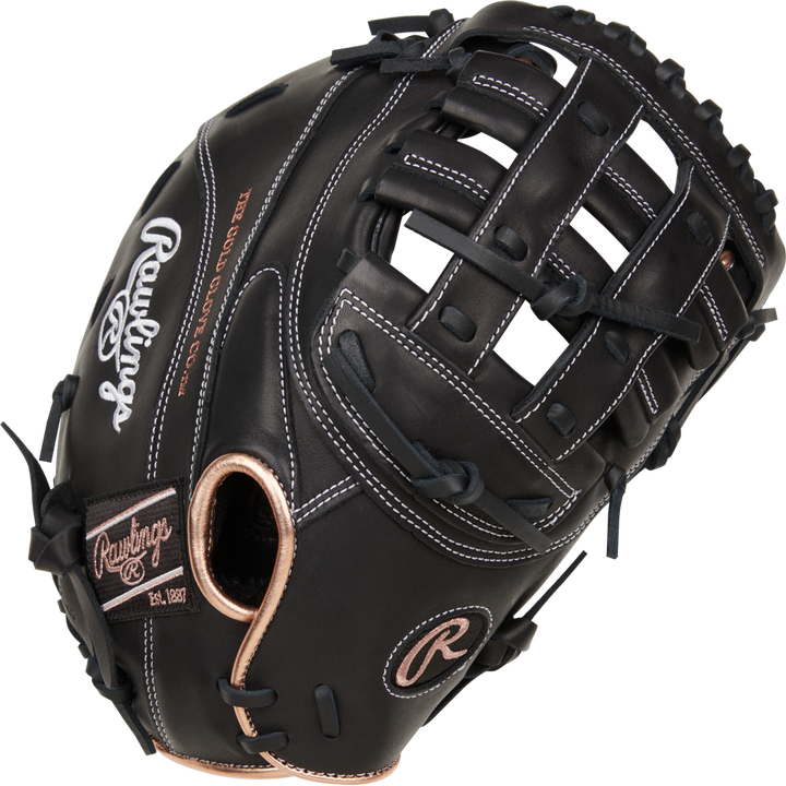 A Rawlings R9 12.5" Fastpitch First Base Mitt (R9SBFBM-17B), featuring black full-grain leather with tan laces, white stitching, and Rawlings logos on the thumb and wrist strap, displayed on a white background.