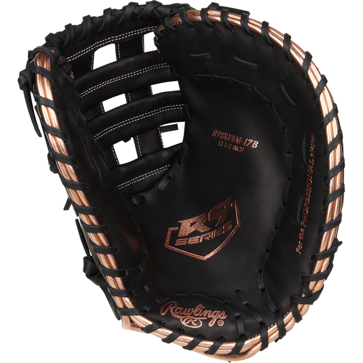 The Rawlings R9 12.5" Fastpitch First Base Mitt (R9SBFBM-17B) features black full-grain leather, tan lacing, and RS Series branding inside the pocket, displayed on a white background.