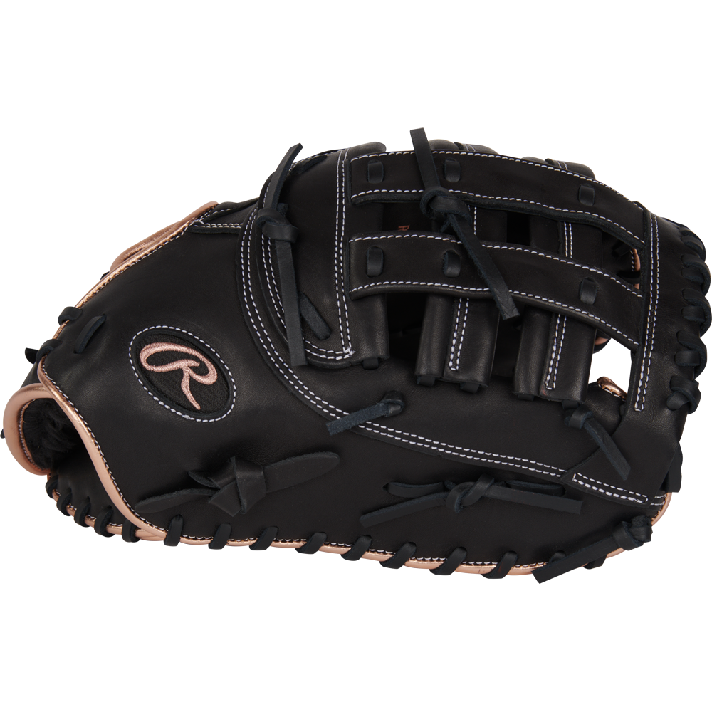 The Rawlings R9 12.5" Fastpitch First Base Mitt (R9SBFBM-17B) is a black glove with tan accents and white stitching, featuring a webbed pocket, embroidered Rawlings logo, and crafted from premium full-grain leather for durability.