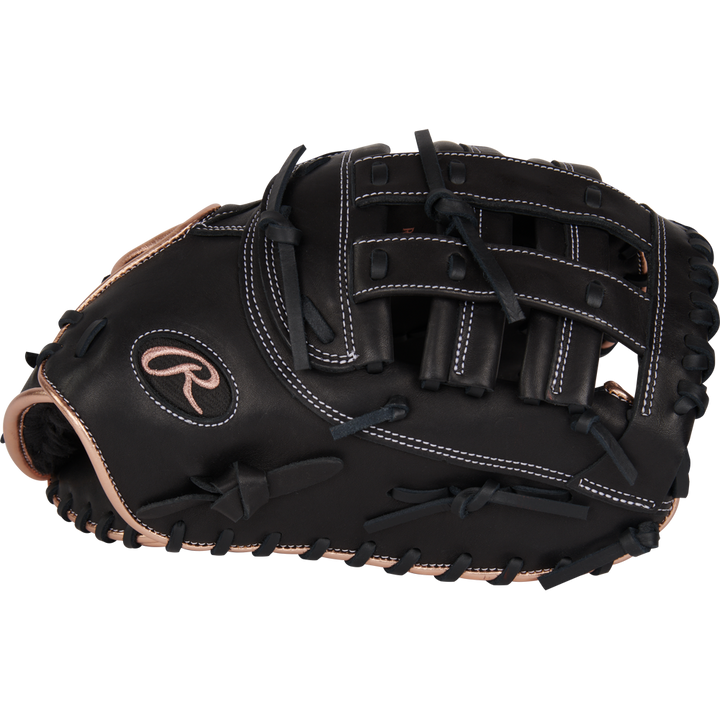 The Rawlings R9 12.5" Fastpitch First Base Mitt (R9SBFBM-17B) is a black glove with tan accents and white stitching, featuring a webbed pocket, embroidered Rawlings logo, and crafted from premium full-grain leather for durability.