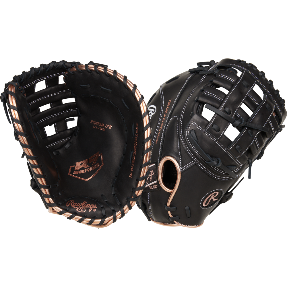 Two black Rawlings R9 12.5" Fastpitch First Base Mitts (R9SBFBM-17B) with tan laces are displayed—one palm side, one back—showing Rawlings branding and a basket web, perfect for Rawlings fans.