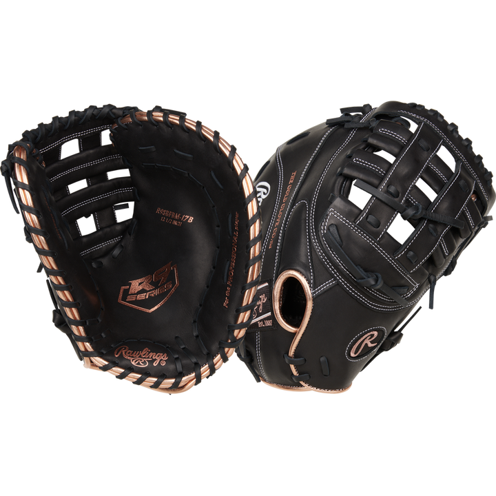 Two black Rawlings R9 12.5" Fastpitch First Base Mitts (R9SBFBM-17B) with tan laces are displayed—one palm side, one back—showing Rawlings branding and a basket web, perfect for Rawlings fans.