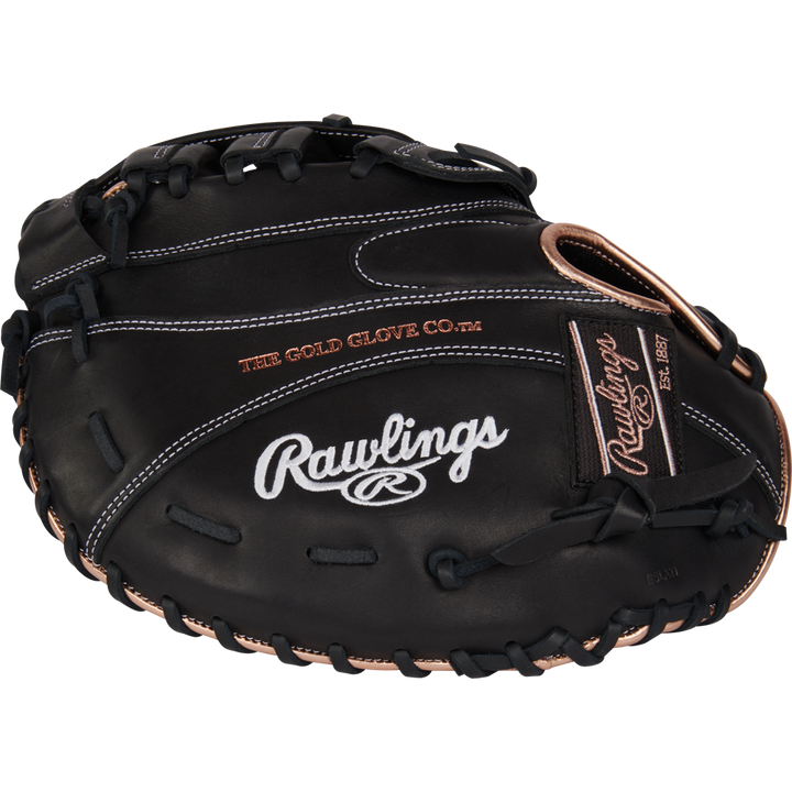A black Rawlings R9 12.5" Fastpitch First Base Mitt (R9SBFBM-17B) with tan lacing, featuring Rawlings embroidery in white and gold, is crafted from durable full-grain leather for great performance and feel.
