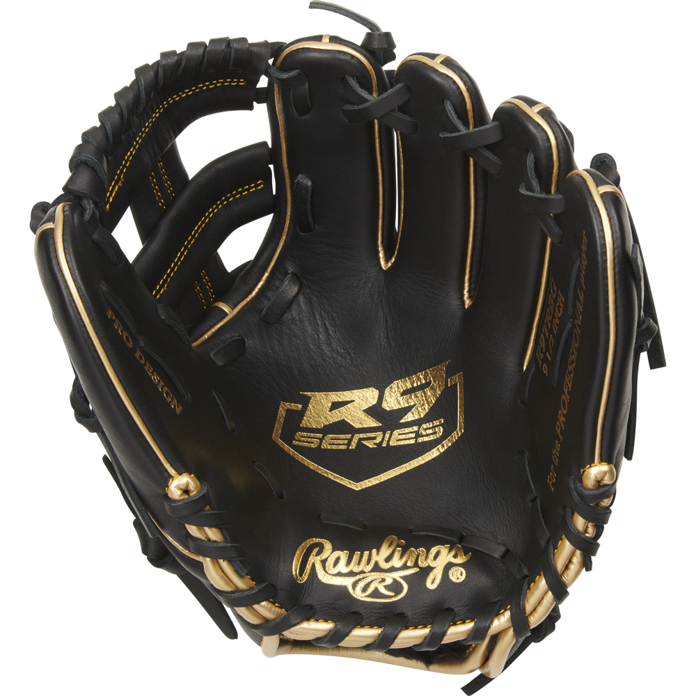 The Rawlings R9 9.5" Training Baseball Glove (R9TRBG) features a black design with gold accents, visible Rawlings branding on the palm and thumb, and is displayed against a white background—ideal for baseball training.