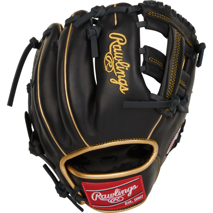The Rawlings R9 9.5" Training Baseball Glove (R9TRBG) features black leather, gold stitching, dark laces, and a red Rawlings logo patch—ideal for trainers to hone baseball skills with style and comfort.