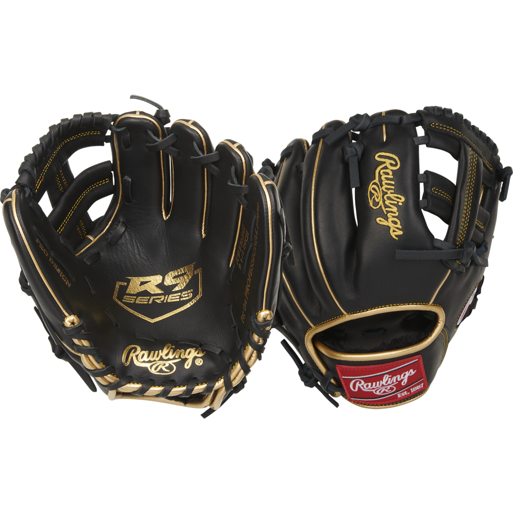Two black Rawlings R9 9.5" Training Baseball Gloves (R9TRBG) with gold accents are displayed to show both the palm and back, featuring the Rawlings logo and built for serious baseball trainers.