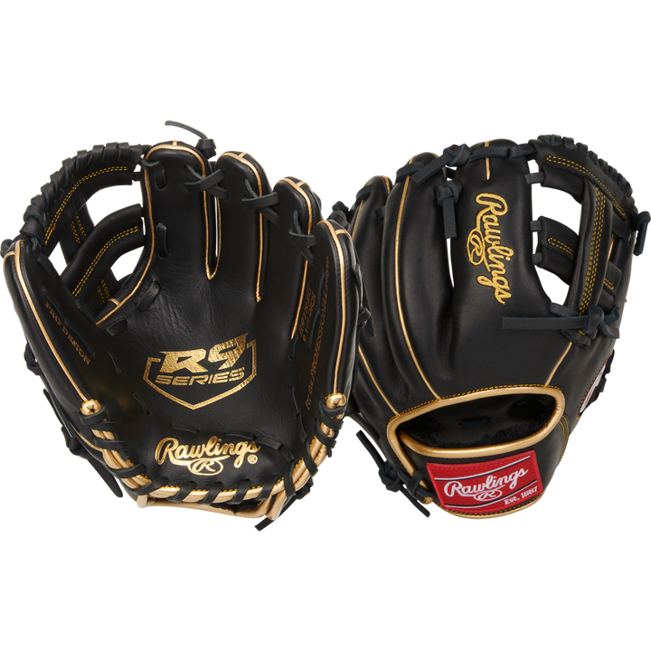 Two black Rawlings R9 9.5" Training Baseball Gloves (R9TRBG) with gold accents are displayed to show both the palm and back, featuring the Rawlings logo and built for serious baseball trainers.