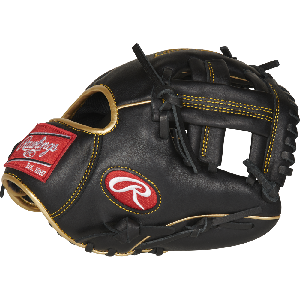 The Rawlings R9 9.5" Training Baseball Glove (R9TRBG) features black leather, yellow stitching, red accents, and an open web—ideal for any baseball trainer. Shown on a white background.