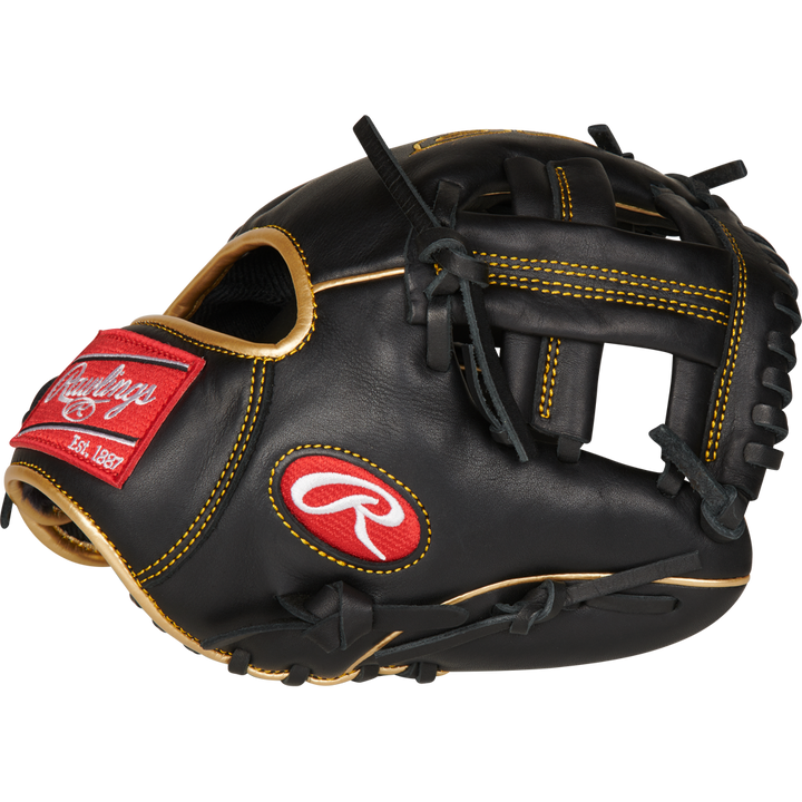 The Rawlings R9 9.5" Training Baseball Glove (R9TRBG) features black leather, yellow stitching, red accents, and an open web—ideal for any baseball trainer. Shown on a white background.