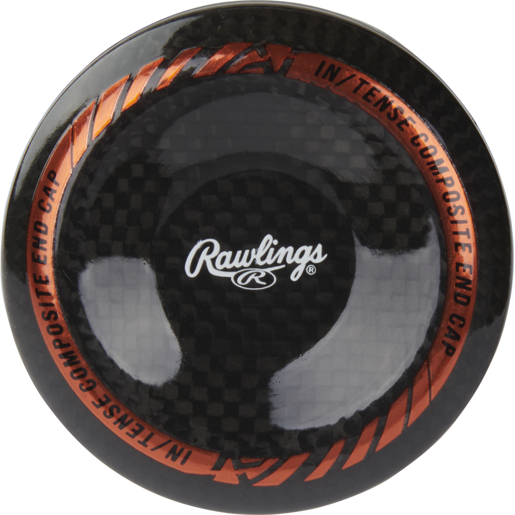 Close-up of the 2024 Rawlings Mach AI (-3) BBCOR Baseball Bat’s end cap, showcasing a black carbon fiber pattern with orange accents and “INTENSE COMPOSITE END CAP” text. Brand: Rawlings. Model: RBB4MC3 (USED).