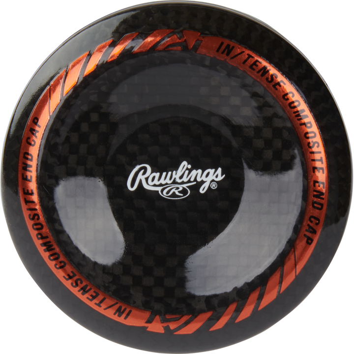 Close-up of the 2024 Rawlings Mach AI (-3) BBCOR Baseball Bat’s end cap, showcasing a black carbon fiber pattern with orange accents and “INTENSE COMPOSITE END CAP” text. Brand: Rawlings. Model: RBB4MC3 (USED).