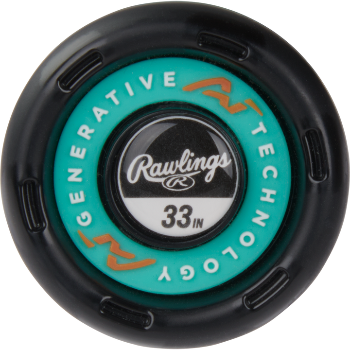 Close-up of the end cap of a Rawlings 2024 Mach AI (-3) BBCOR Baseball Bat (USED), displaying the Rawlings logo, 33-inch length, and "Generative AI Technology" text on its teal and black design.