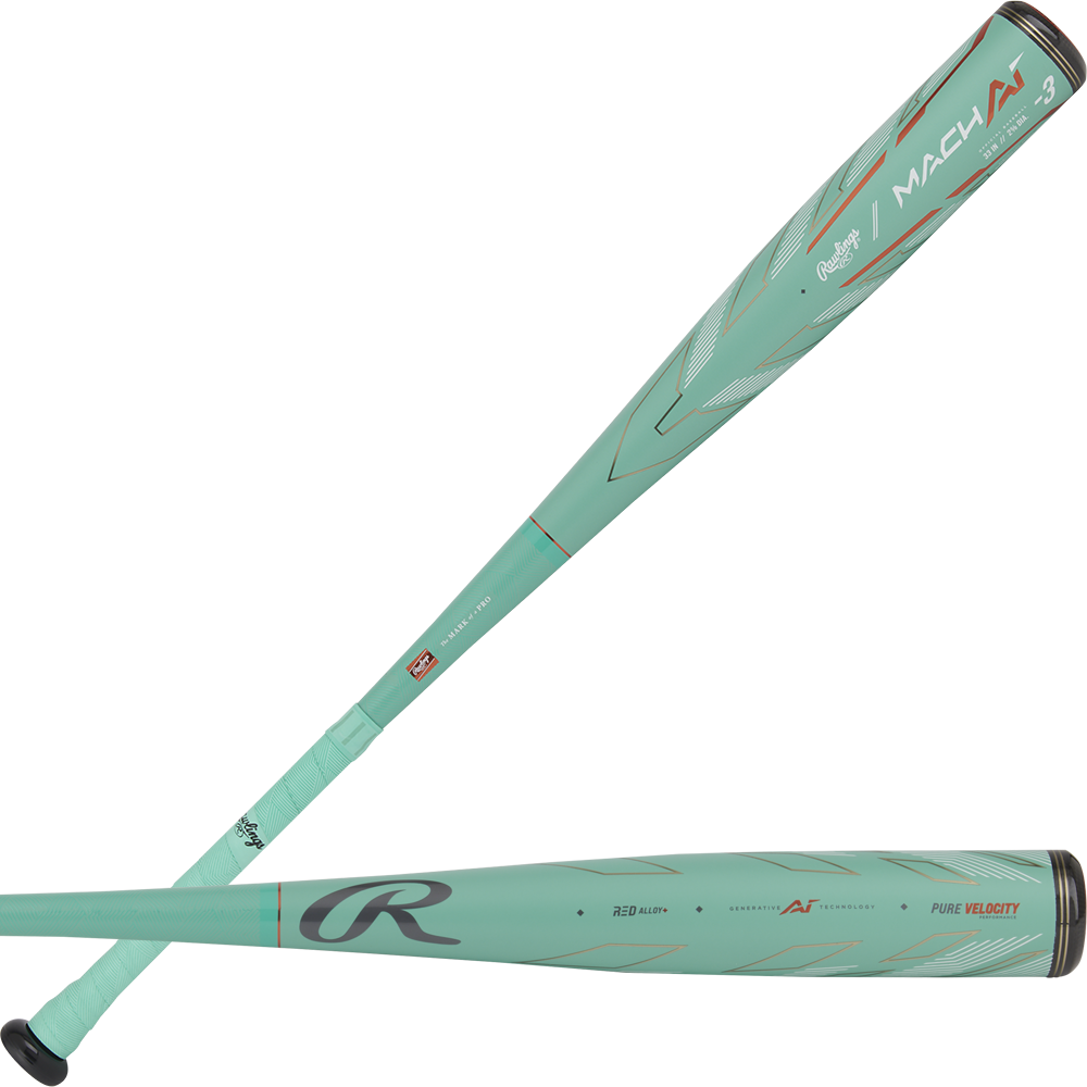 Two teal 2024 Rawlings Mach AI (-3) BBCOR bats (USED) with black handles, silver accents, and white branding—one shown horizontally, the other angled to display the barrel and grip design.