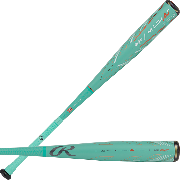 Two teal 2024 Rawlings Mach AI (-3) BBCOR bats (USED) with black handles, silver accents, and white branding—one shown horizontally, the other angled to display the barrel and grip design.
