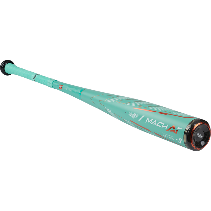 The 2024 Rawlings Mach AI (-3) BBCOR Baseball Bat (RBB4MC3) is shown at an angle, its teal barrel with black and red accents highlighting the sleek, advanced alloy design of this used Rawlings bat.