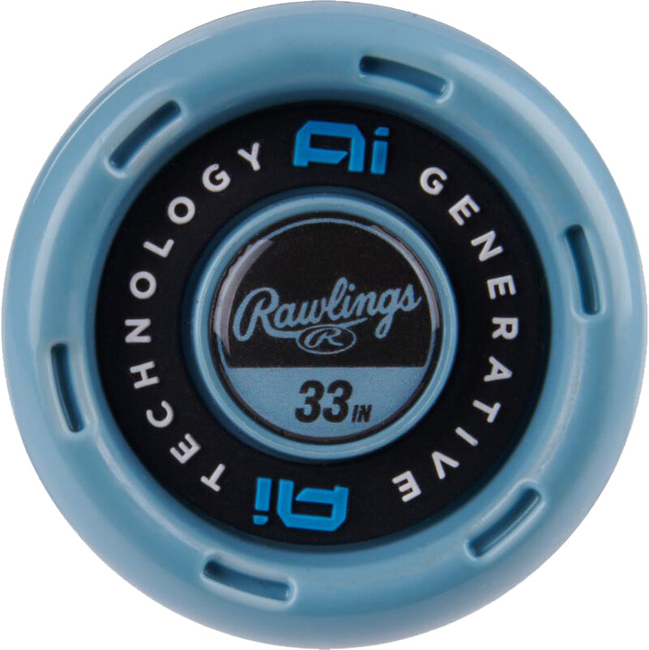Close-up of a circular blue and black bat knob with the Rawlings logo, 33 IN, and “Ai TECHNOLOGY”—highlighting the used 2025 Rawlings Clout AI (-3) BBCOR Baseball Bat: RBB5C3, engineered with advanced artificial intelligence.