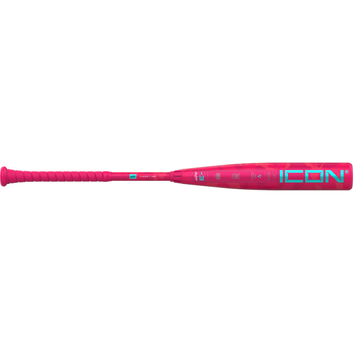The 2025 Rawlings Icon Electric Unicorn (-3) BBCOR Baseball Bat features a bright pink composite design, matching pink grip, and bold teal and white "ICON" lettering on the barrel.