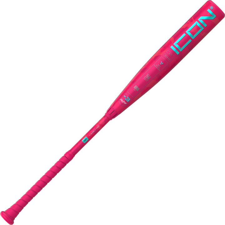 The 2025 Rawlings Icon Electric Unicorn (-3) BBCOR Baseball Bat (RBB5IPK3) features a bright pink design with turquoise ICON lettering and a textured grip, shown on a white background.