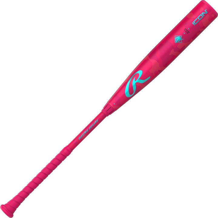 The 2025 Rawlings Icon Electric Unicorn (-3) BBCOR Baseball Bat (RBB5IPK3) features a bright pink design with blue accents, a large R logo, wrapped grip, and the word ICON near the barrel.