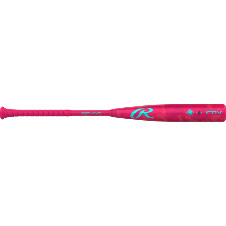 The 2025 Rawlings Icon Electric Unicorn (-3) BBCOR Baseball Bat (RBB5IPK3) features a bright pink design with a teal R logo, "ICON" on the barrel, a matching pink grip, and subtle star accents.