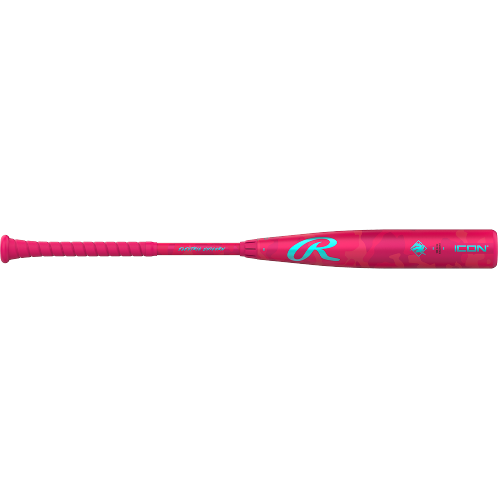 The 2025 Rawlings Icon Electric Unicorn (-3) BBCOR Baseball Bat (RBB5IPK3) features a bright pink design with a teal R logo, "ICON" on the barrel, a matching pink grip, and subtle star accents.