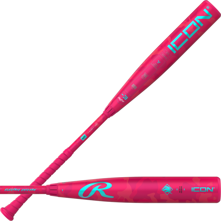 Two pink Rawlings BBCOR bats with blue accents, one featuring "ICON" in bold and the other displaying a stylized R logo and 2025 Rawlings Icon branding. Textured handles provide grip on these 2025 Rawlings Icon Electric Unicorn bats.
