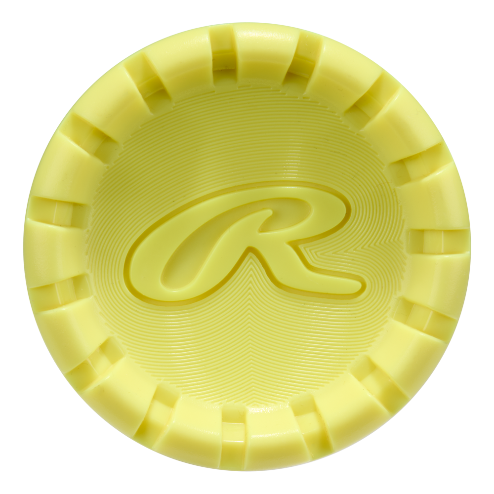 A yellow, circular, textured object with notched edges and a raised âRâ at its centerâa nod to the 2026 Rawlings Clout AI (-3) BBCOR Baseball Bat: RBB6C3 (DEMO) from Rawlings.