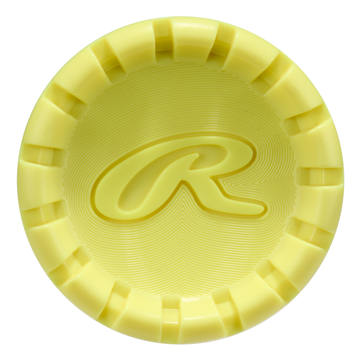 A yellow, circular, textured object with notched edges and a raised âRâ at its centerâa nod to the 2026 Rawlings Clout AI (-3) BBCOR Baseball Bat: RBB6C3 (DEMO) from Rawlings.