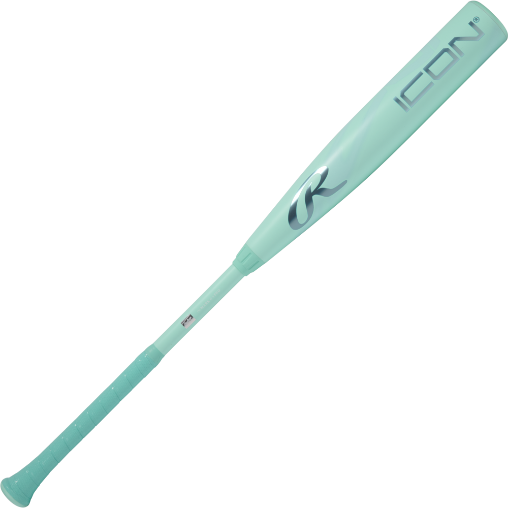 The 2026 Rawlings Icon (-3) BBCOR Baseball Bat: RBB6I3 (DEMO) features a light teal design with "ICON" and the Rawlings R logo on the barrel, highlighting its carbon composite build against a plain white background.