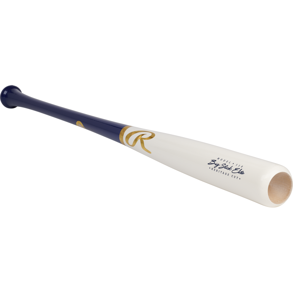 The Rawlings Big Stick Elite Birch Wood Baseball Bat: RBSB110 features a navy blue handle, white barrel, gold accents, and logo. This birch wood bat has a slightly flared, hollowed barrel end and showcases the iconic Rawlings branding.
