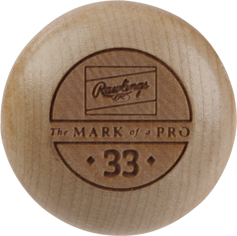 Close-up of the knob end of a Rawlings Big Stick Elite Birch Wood Baseball Bat: RBSBI13, engraved with the Rawlings logo, The MARK of a PRO, and 33—crafted from quality birch for pro-level performance.