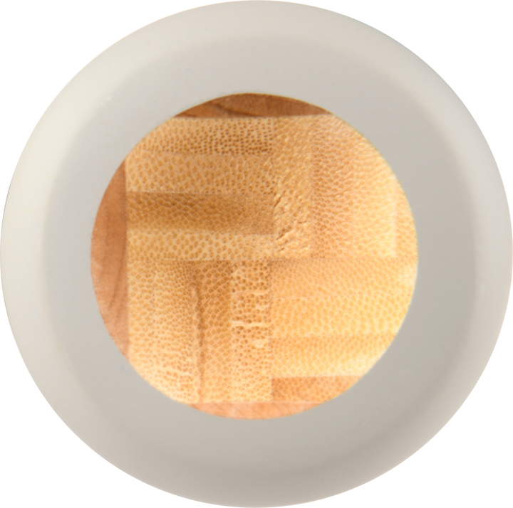 A circular white frame surrounds a round window featuring light and dark wooden squares in a checkerboard pattern, echoing the finely crafted look of the Rawlings Big Stick Elite -3 Wood Composite Baseball Bat (RBSC110) by Rawlings.