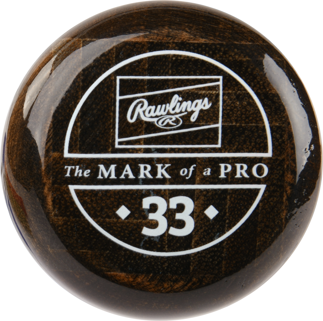 A close-up of the knob of a dark wooden Rawlings Big Stick Elite -3 Wood Composite Baseball Bat: RBSC110, featuring the Rawlings logo, âThe MARK of a PRO,â and the number 33 in white.