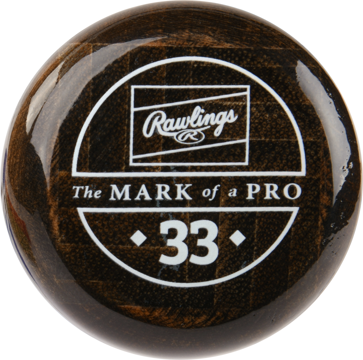 A close-up of the knob of a dark wooden Rawlings Big Stick Elite -3 Wood Composite Baseball Bat: RBSC110, featuring the Rawlings logo, âThe MARK of a PRO,â and the number 33 in white.