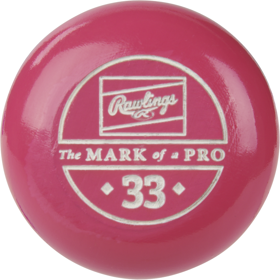 A vibrant pink knob sticker for the Rawlings Big Stick Elite Maple Wood Baseball Bat (RBSM271) features the Rawlings logo, "The Mark of a Pro," and the number 33 in white.