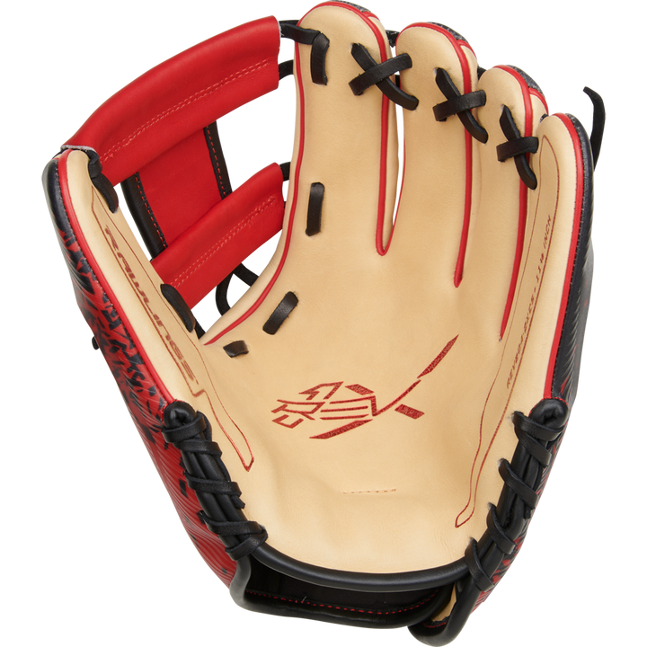 A close-up of the Rawlings REV1X 11.5" Baseball Glove (RREV204-2XCS) shows tan leather on the palm, bold red accents, black laces, and innovative 3D-printed design with logo and text in the center.