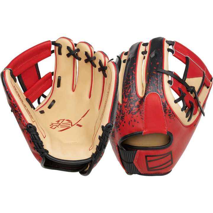 The Rawlings REV1X 11.5" Baseball Glove (RREV204-2XCS) features red and tan colors, black laces, and bold graphics, shown from both palm and back views on a white background.