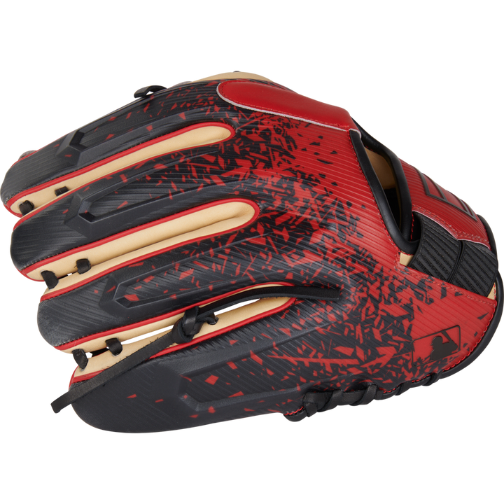 The Rawlings REV1X 11.5" Baseball Glove (RREV204-2XCS) boasts a bold red and black design with beige accents, splatter pattern, and black lacing—an infield glove built for standout style and performance.
