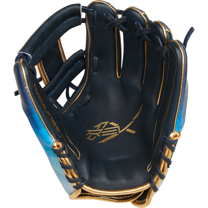 The Rawlings REV1X 11.5" Baseball Glove (RREV204-2XNG) features navy blue and gold colors, blue accents, gold stitching, a stylized gold palm logo, open webbing, and an unused infield design.