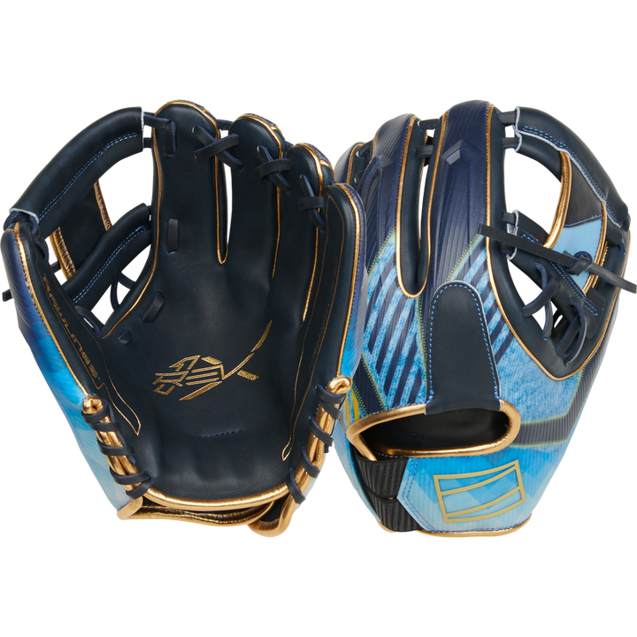 Two Rawlings REV1X 11.5" baseball gloves (RREV204-2XNG) are shown in blue and black with gold trim, featuring unique graphic designs—one displays the palm, the other the back with patterned exterior and open webbing.