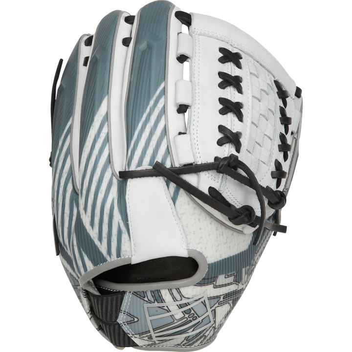 The Rawlings REV1X 12.25" Fastpitch Softball Glove (RREV207SB-18W) features a gray, white, and black geometric pattern with black laces and a woven web design, offering a modern, stylish look with angular lines across the surface.